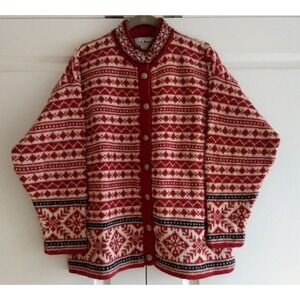 LL Bean Nordic Cardigan Sweater Women L Snowflake Red Fair Isle Metal Button USA